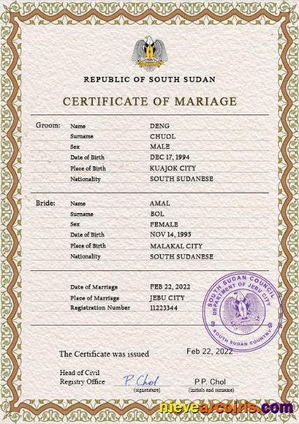 South Sudan marriage certificate
